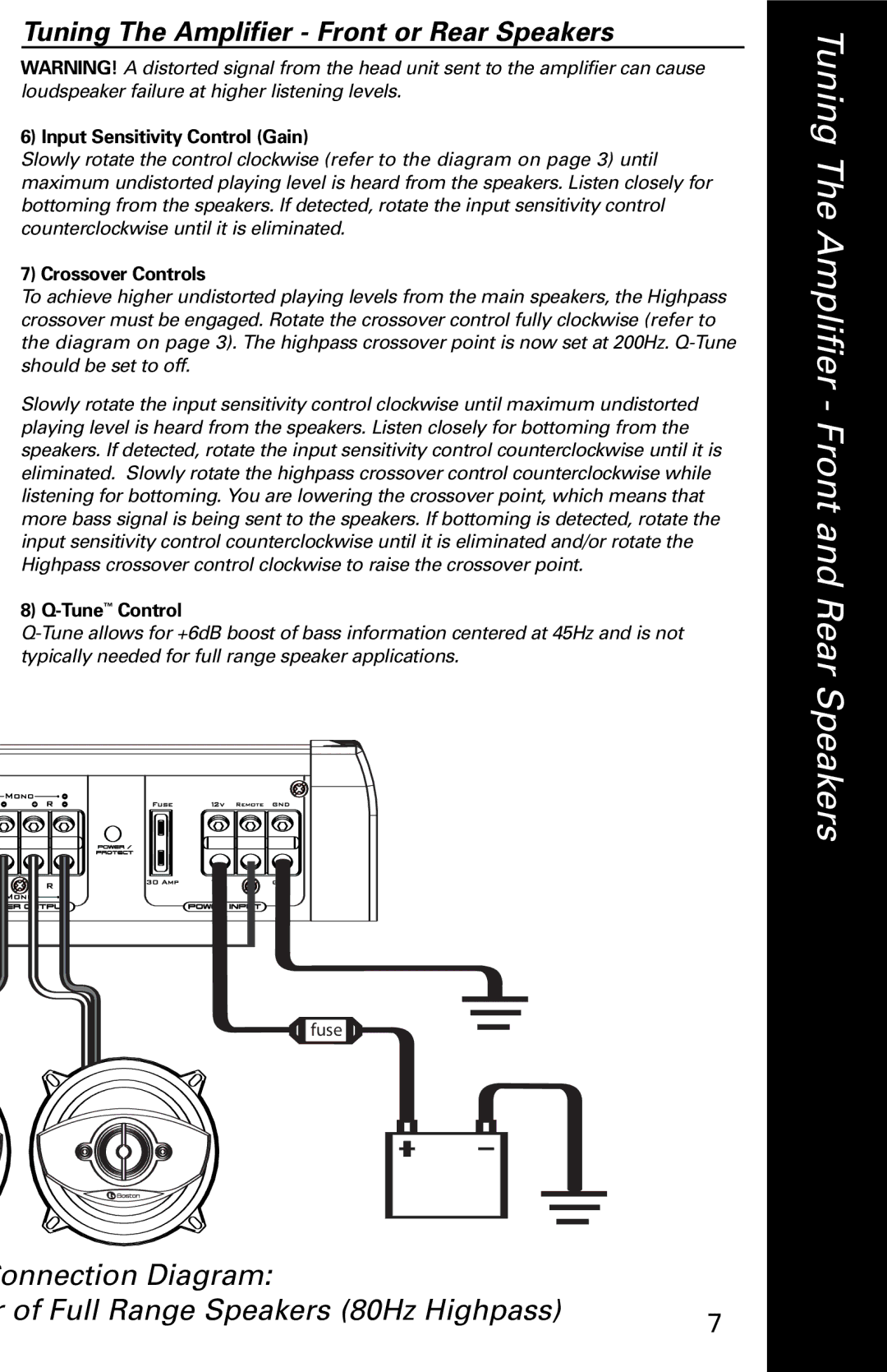 Boston Acoustics GTA-502, GTA-504 Onnection Diagram Full Range Speakers 80Hz Highpass, Crossover Controls, TuneControl 