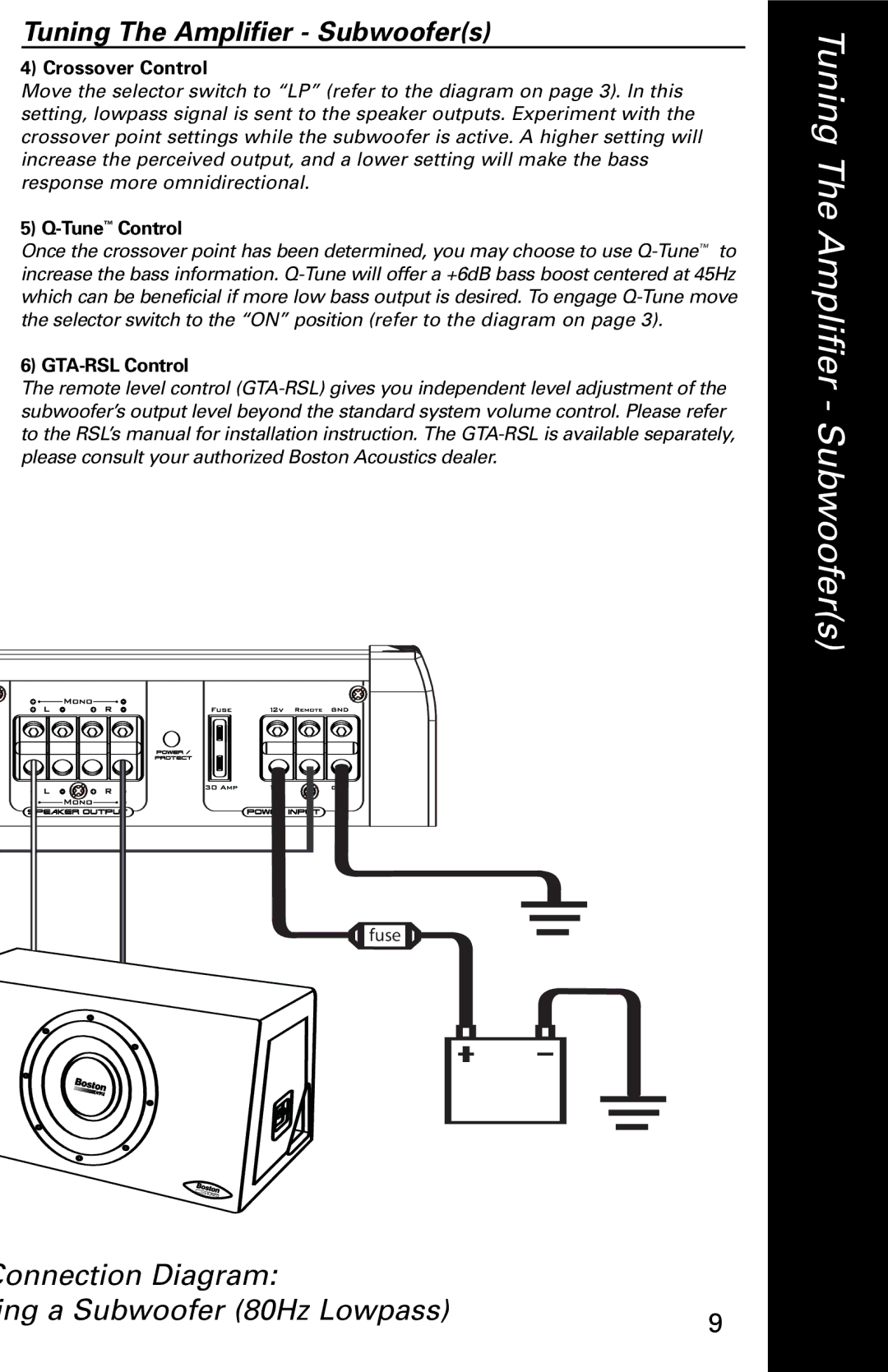 Boston Acoustics GTA-504, GTA-502, GTA-802 manual Onnection Diagram Ing a Subwoofer 80Hz Lowpass, GTA-RSL Control 