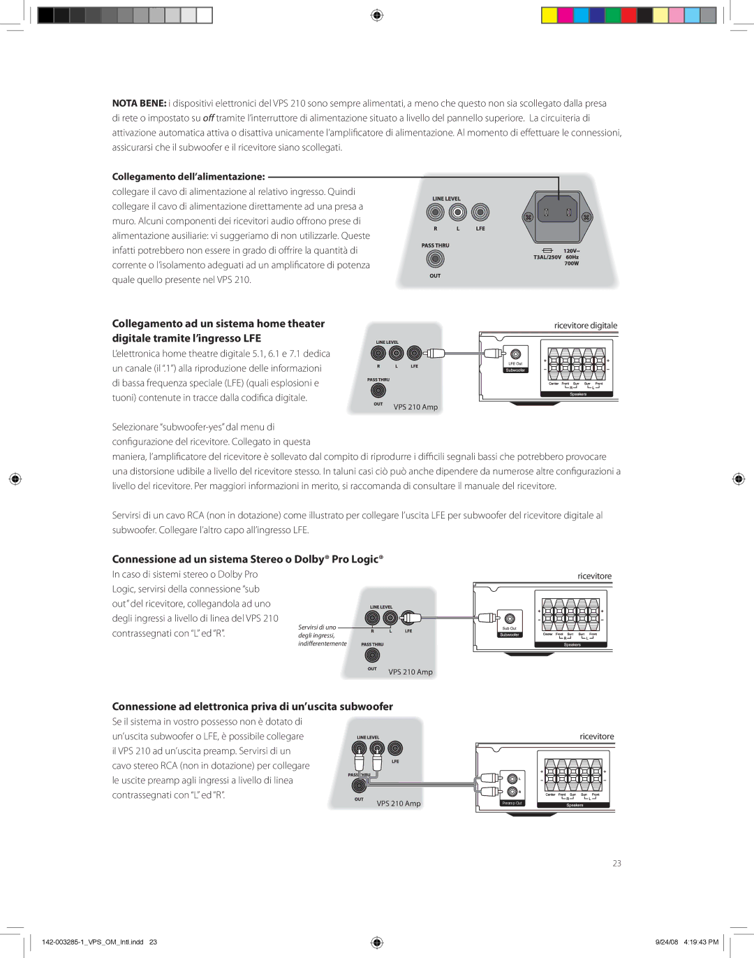 Boston Acoustics high-powered subwoofer owner manual Connessione ad un sistema Stereo o Dolby Pro Logic 