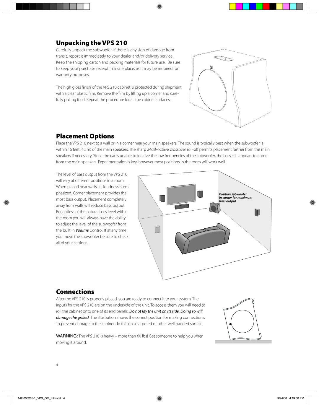 Boston Acoustics high-powered subwoofer owner manual Unpacking the VPS, Placement Options, Connections 