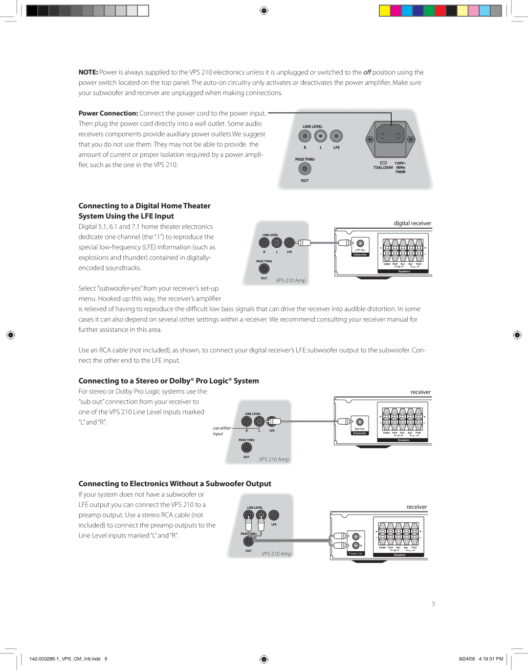 Boston Acoustics high-powered subwoofer owner manual Connecting to a Stereo or Dolby Pro Logic System 