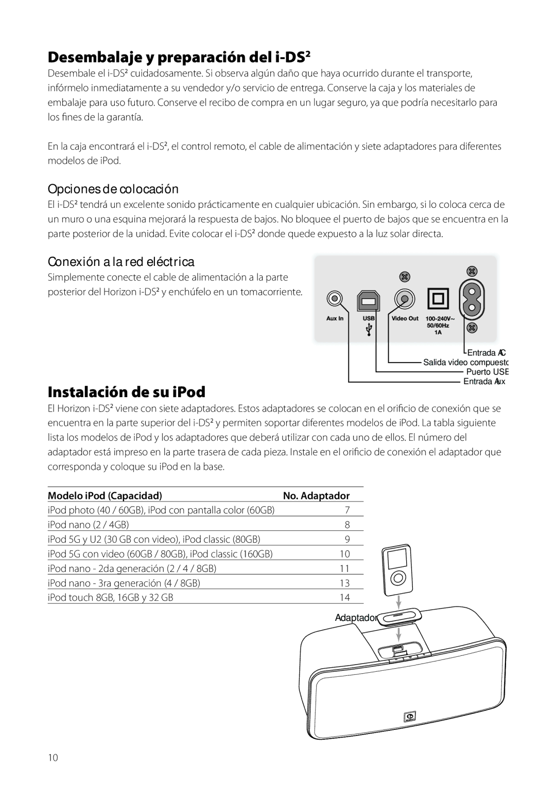 Boston Acoustics Horizon i-DS2 Desembalaje y preparación del i-DS2, Instalación de su iPod, Opciones de colocación 