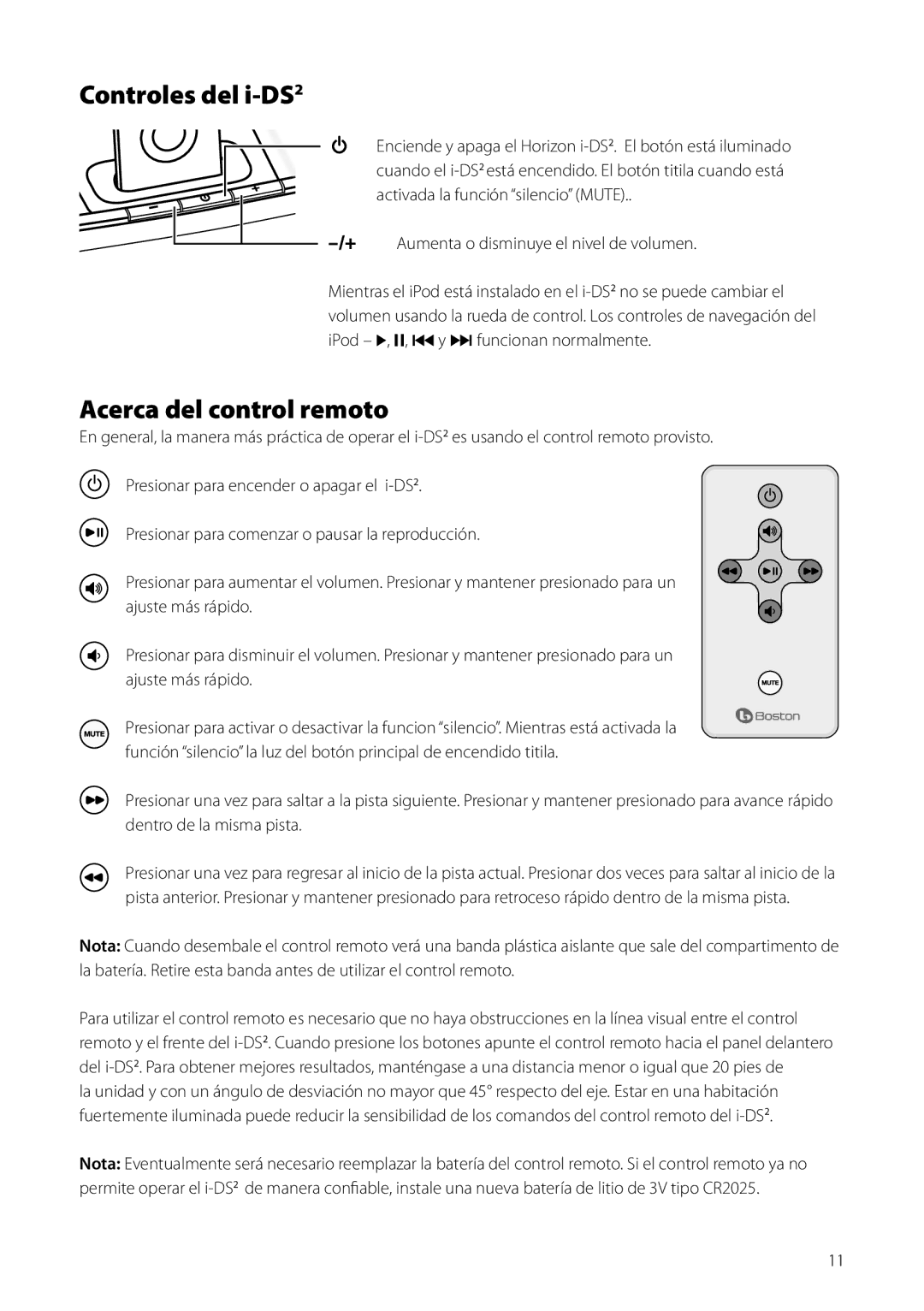 Boston Acoustics Horizon i-DS2 owner manual Controles del i-DS2, Acerca del control remoto 