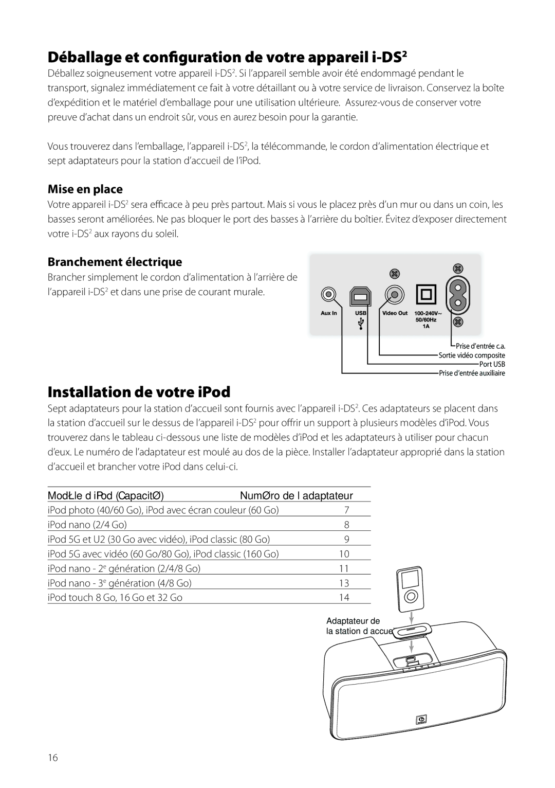 Boston Acoustics Horizon i-DS2 owner manual Déballage et configuration de votre appareil i-DS2, Installation de votre iPod 