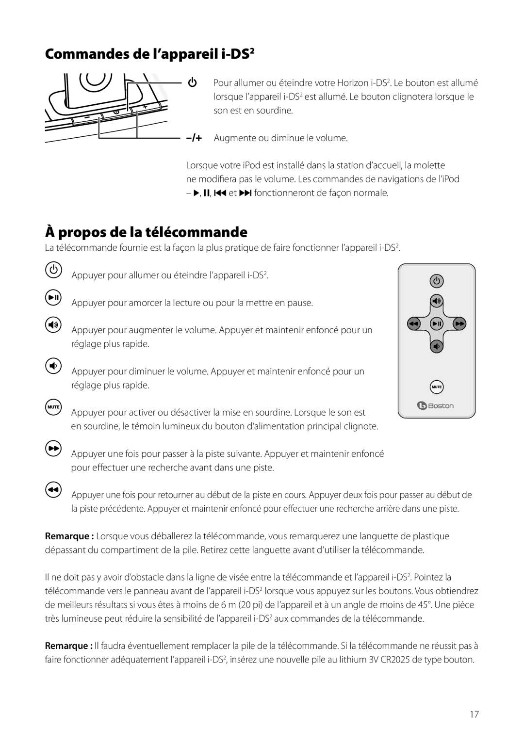 Boston Acoustics Horizon i-DS2 owner manual Commandes de l’appareil i-DS2, Propos de la télécommande 