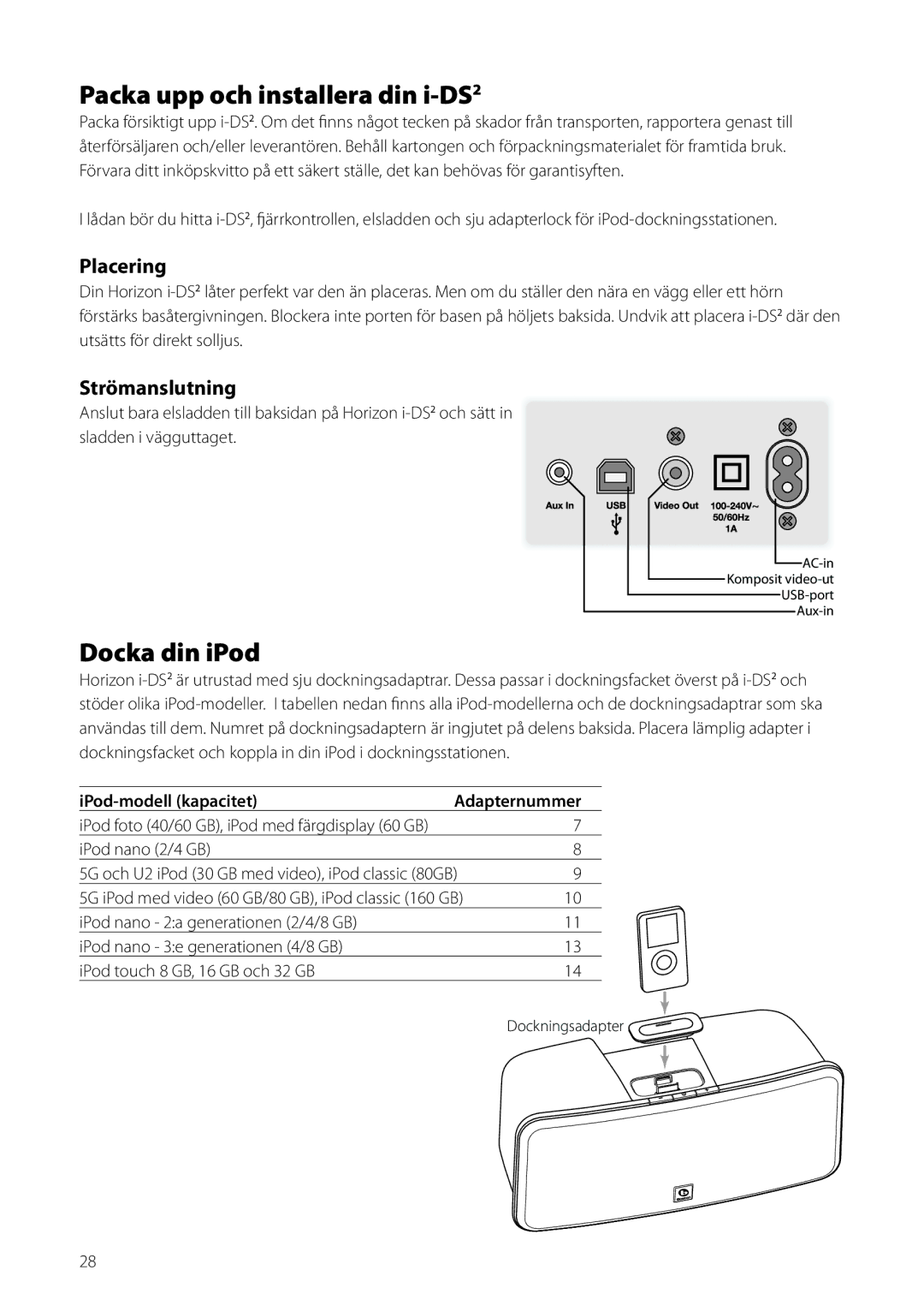 Boston Acoustics Horizon i-DS2 owner manual Packa upp och installera din i-DS2, Docka din iPod, Placering, Strömanslutning 