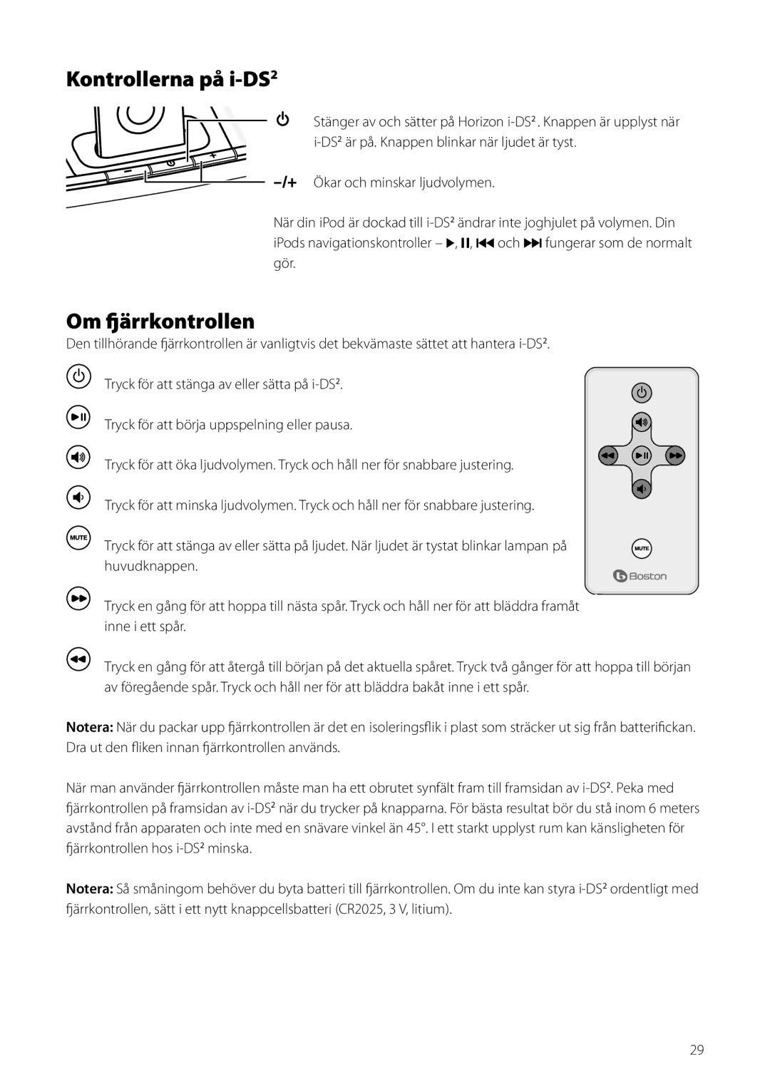 Boston Acoustics Horizon i-DS2 owner manual Kontrollerna på i-DS2, Om fjärrkontrollen 