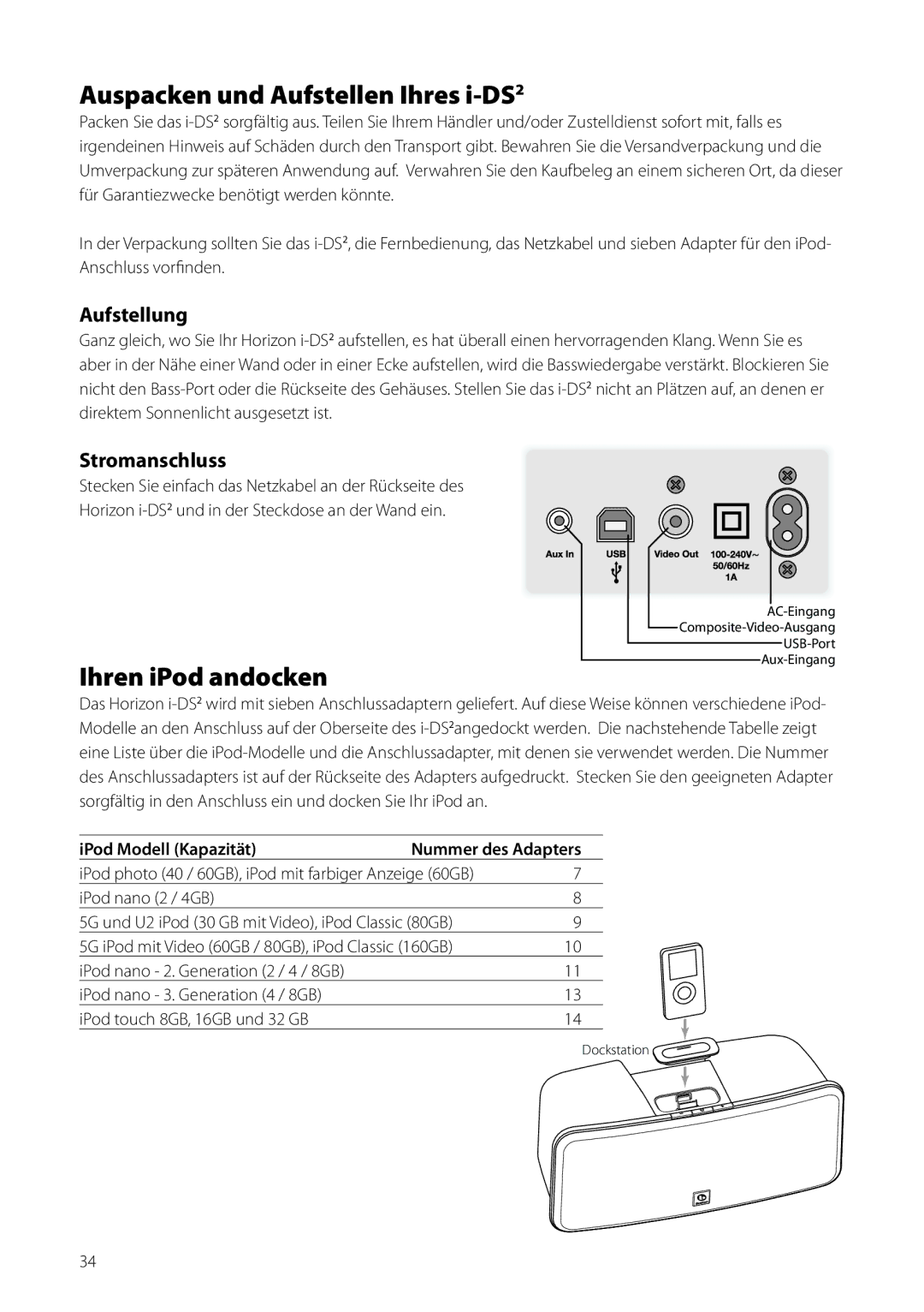 Boston Acoustics Horizon i-DS2 Auspacken und Aufstellen Ihres i-DS2, Ihren iPod andocken, Aufstellung, Stromanschluss 