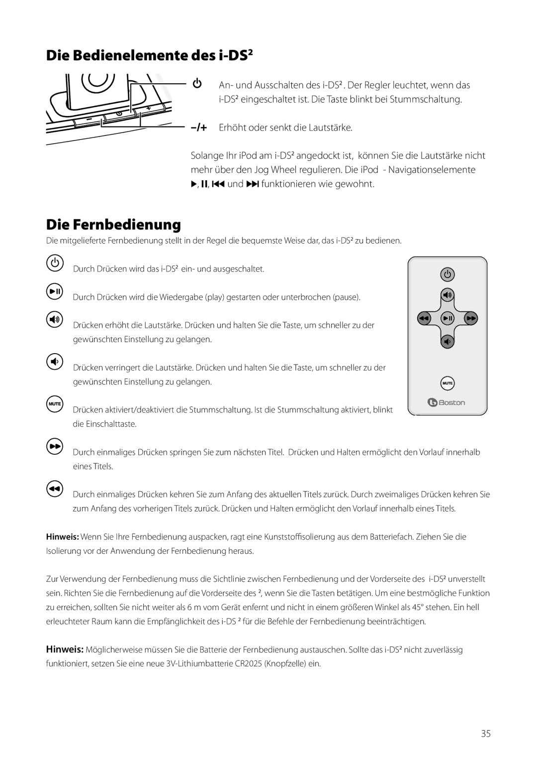 Boston Acoustics Horizon i-DS2 owner manual Die Bedienelemente des i-DS2, Die Fernbedienung 