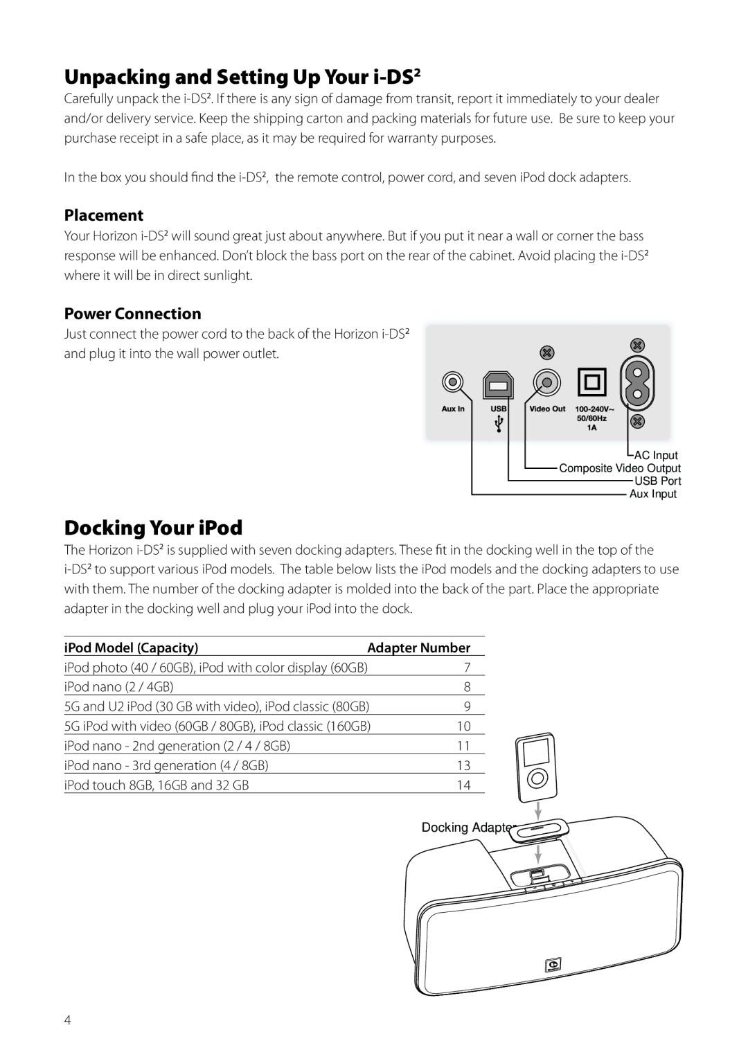 Boston Acoustics Horizon i-DS2 Unpacking and Setting Up Your i-DS2, Docking Your iPod, Placement, Power Connection 