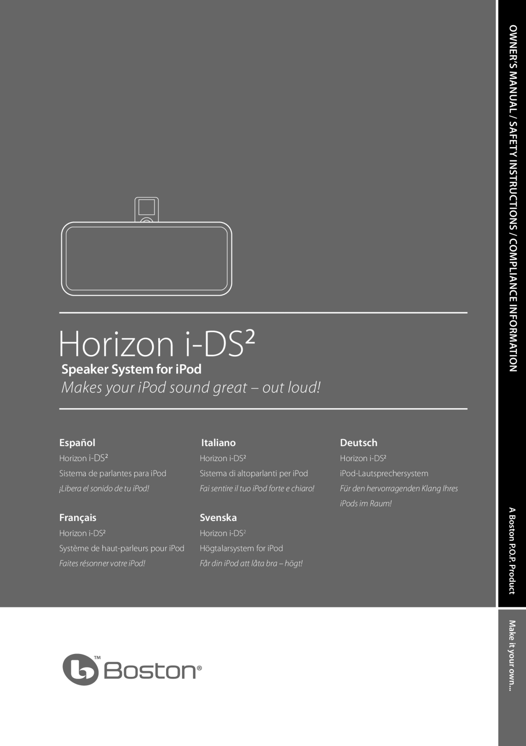 Boston Acoustics Horizon i-DS2 owner manual Español, Italiano, Deutsch, Français, Svenska, n io at, iPods im Raum 