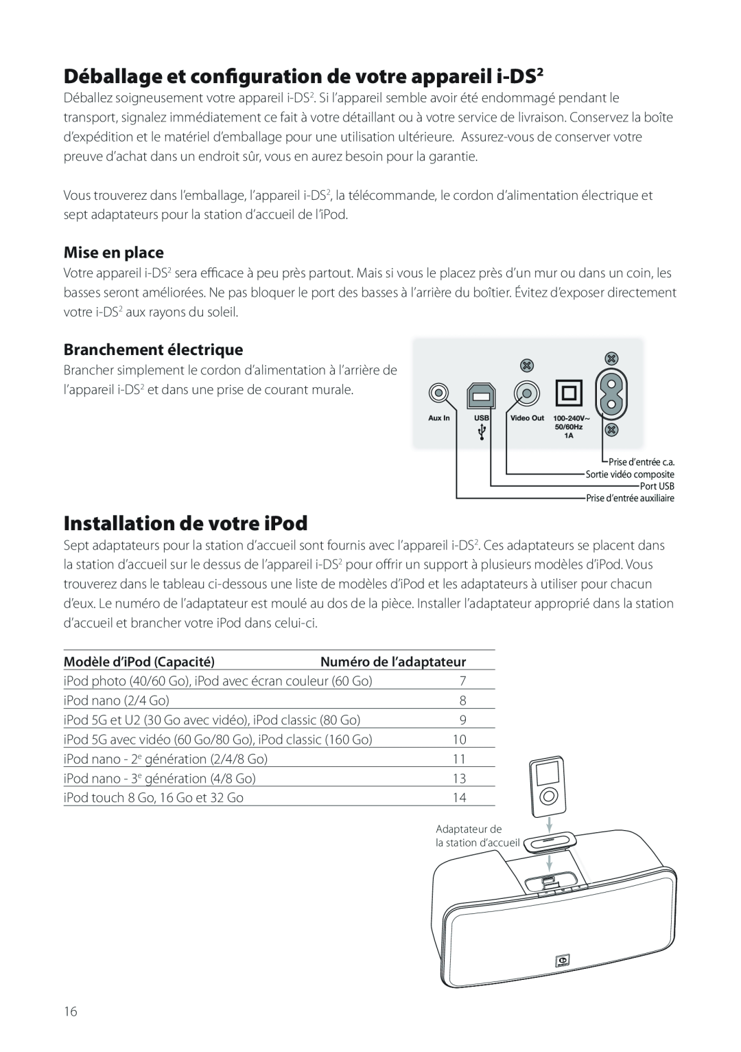 Boston Acoustics Horizon i-DS2 Installation de votre iPod, Mise en place, Branchement électrique, Modèle d’iPod Capacité 