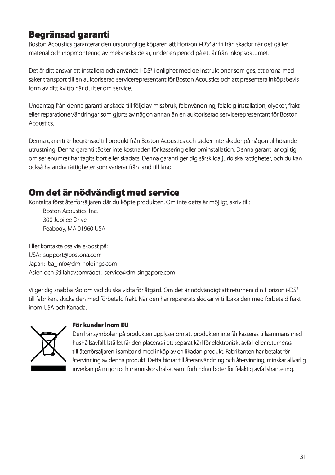 Boston Acoustics Horizon i-DS2 owner manual Begränsad garanti, Om det är nödvändigt med service, För kunder inom EU 