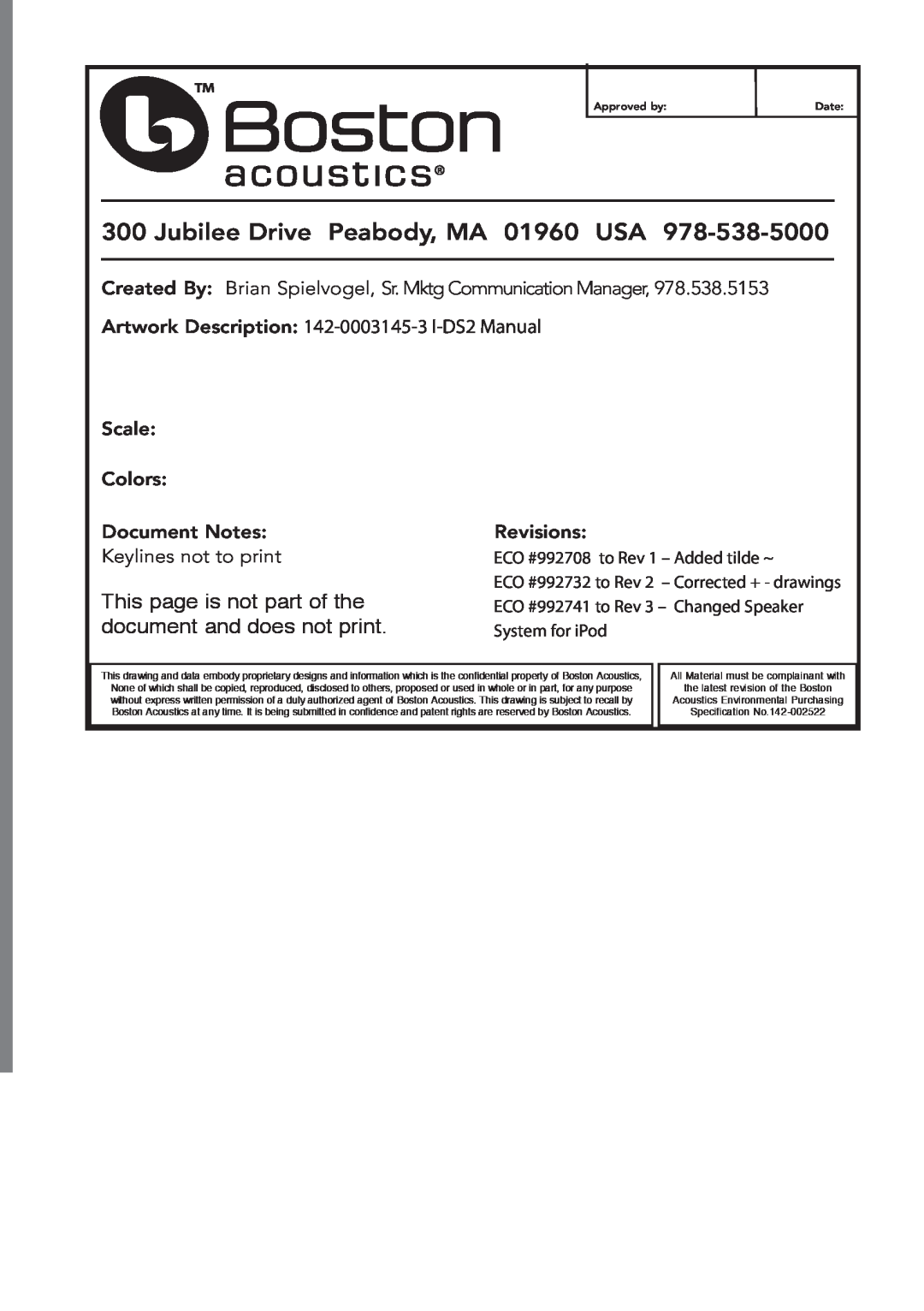 Boston Acoustics Horizon i-DS2 Jubilee Drive Peabody, MA 01960 USA, Artwork Description 142-0003145-3 I-DS2Manual 