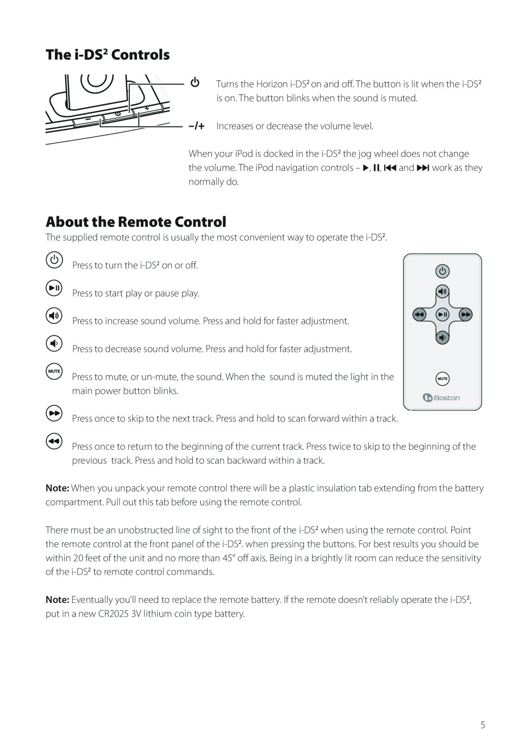 Boston Acoustics Horizon i-DS2 owner manual The i-DS2 Controls, About the Remote Control 