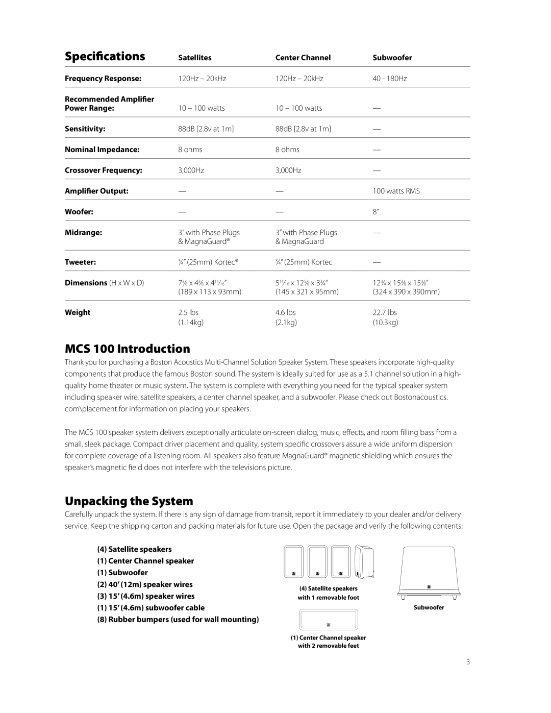 Boston Acoustics Horizon MCS 100 owner manual Specifications, MCS 100 Introduction, Unpacking the System 