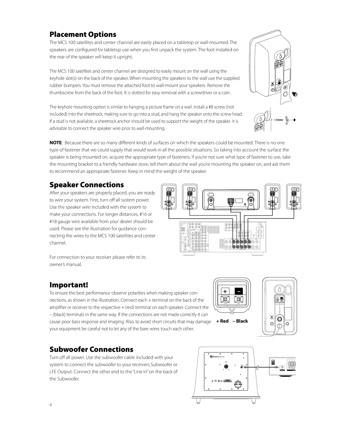 Boston Acoustics Horizon MCS 100 owner manual Placement Options, Speaker Connections, Subwoofer Connections 