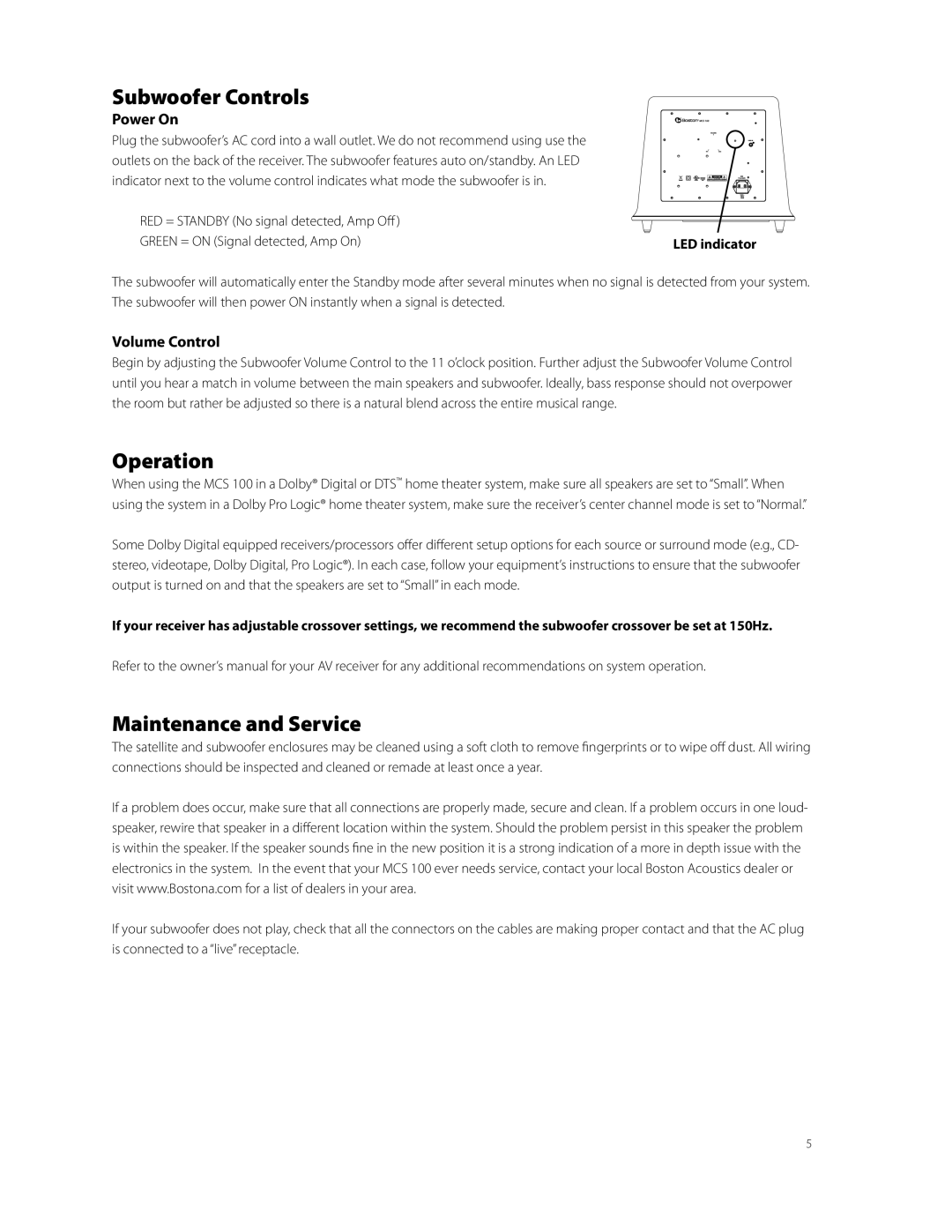 Boston Acoustics Horizon MCS 100 owner manual Subwoofer Controls, Operation, Maintenance and Service, LED indicator 