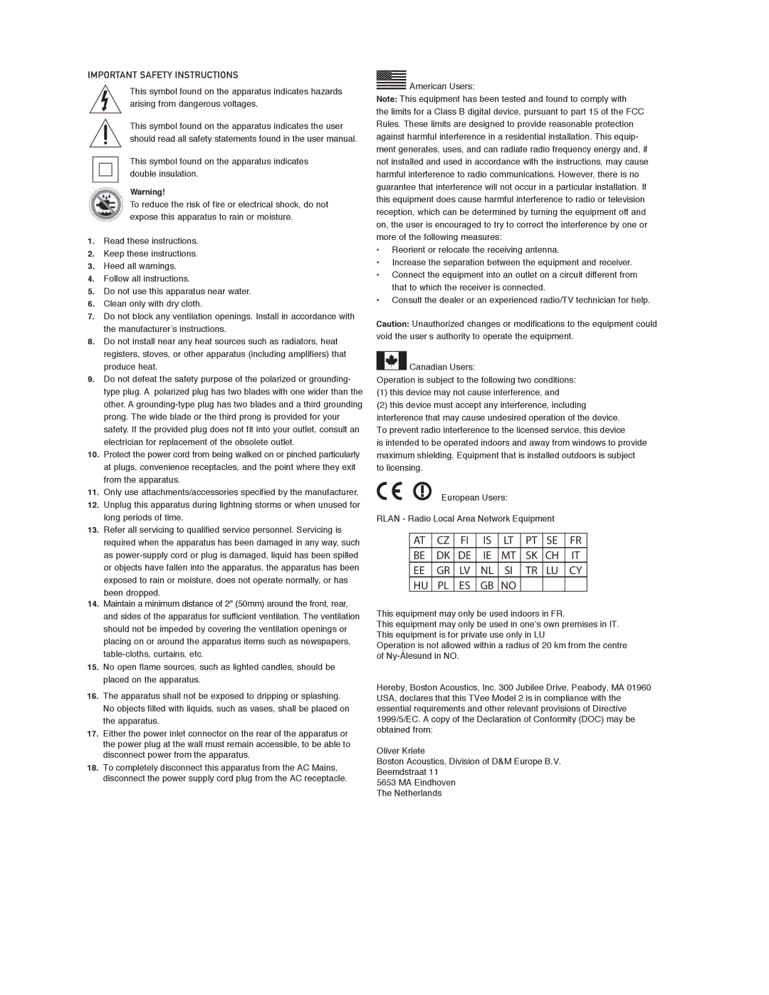 Boston Acoustics HPS 8Wi owner manual Important Safety Instructions 