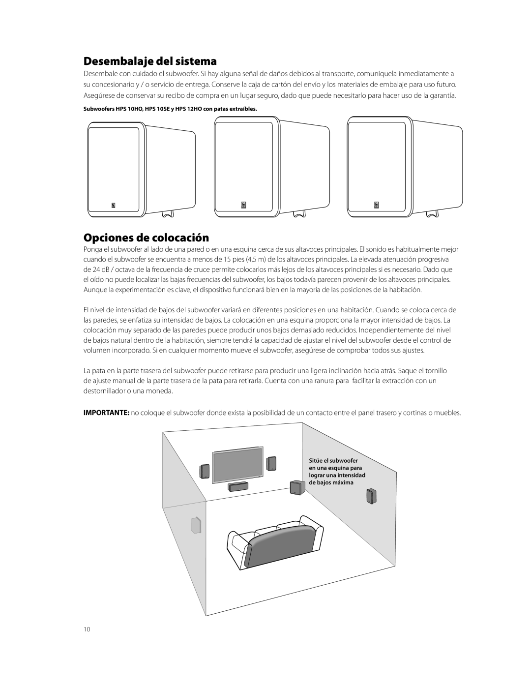 Boston Acoustics HPS10HO owner manual Desembalaje del sistema, Opciones de colocación 