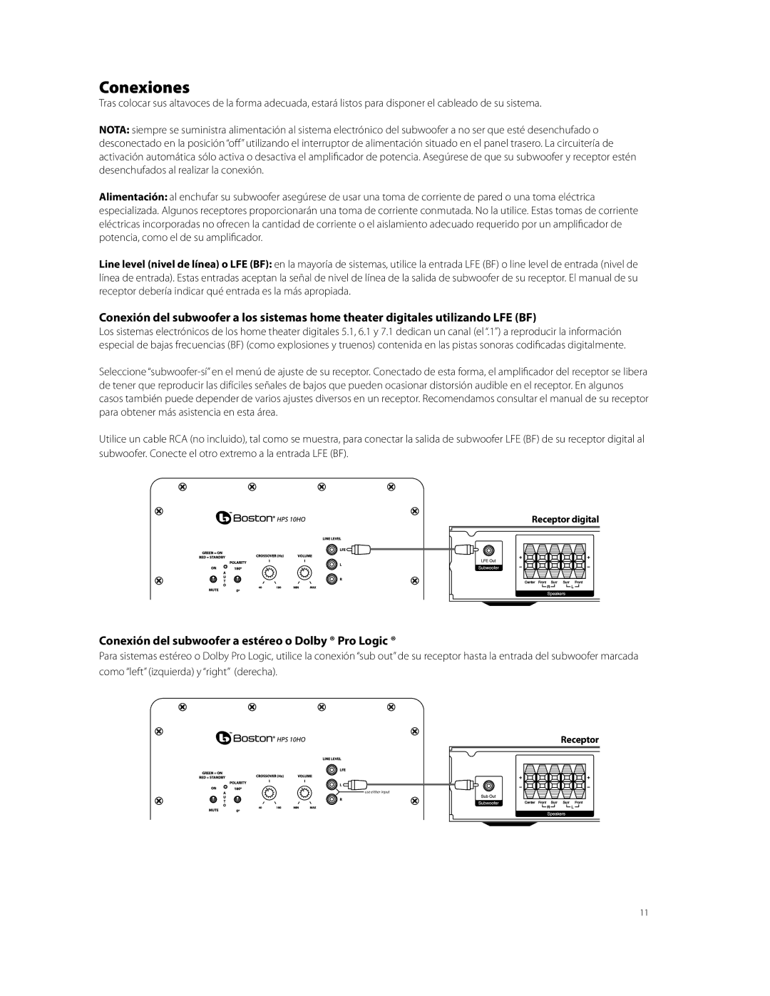 Boston Acoustics HPS10HO owner manual Conexiones, Conexión del subwoofer a estéreo o Dolby Pro Logic, Receptor digital 