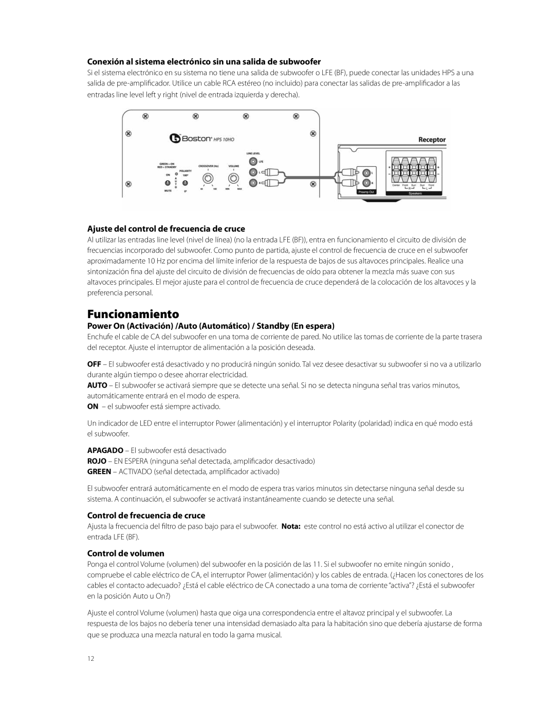 Boston Acoustics HPS10HO owner manual Funcionamiento 