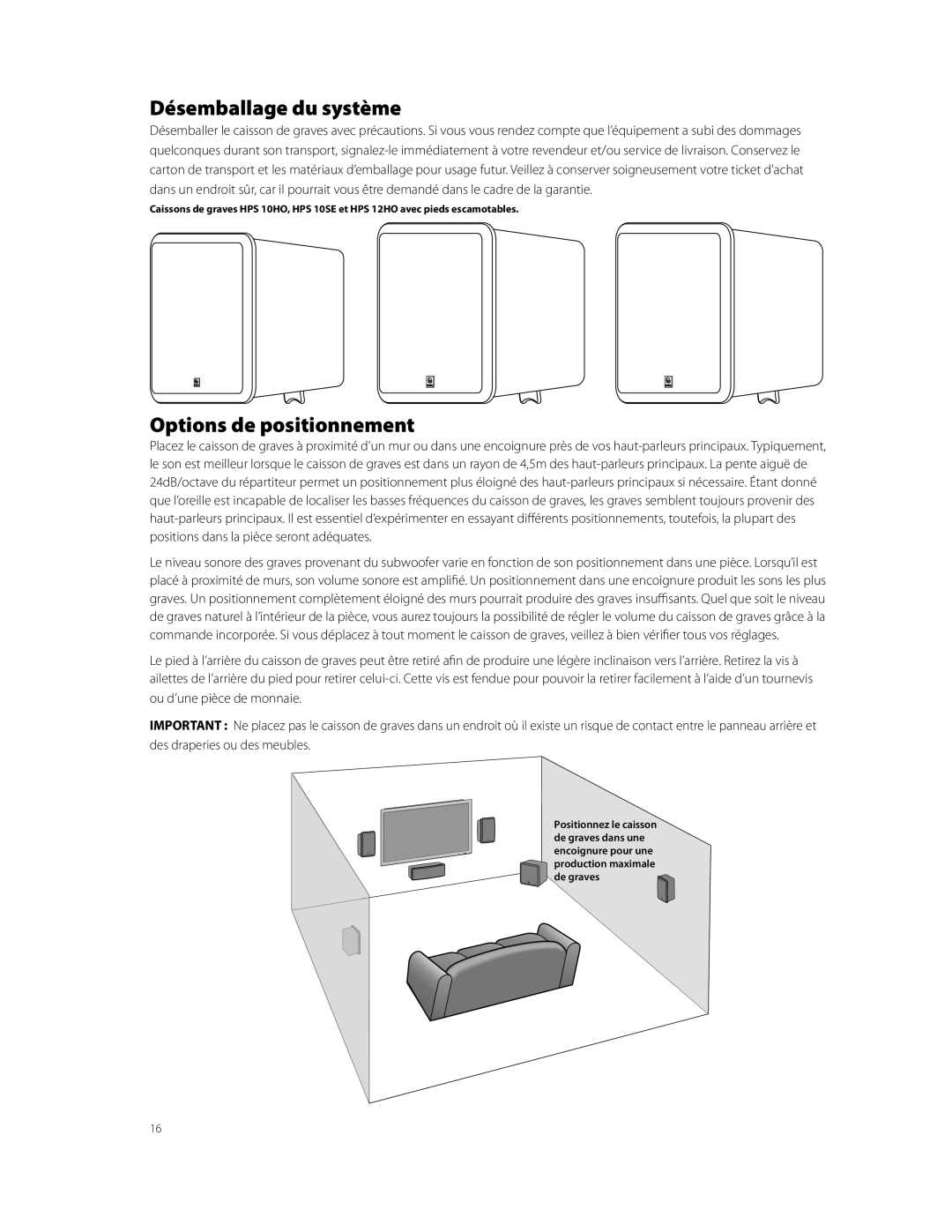 Boston Acoustics HPS10HO owner manual Désemballage du système, Options de positionnement 