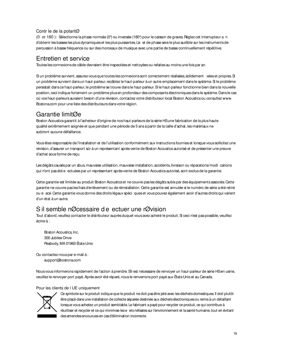 Boston Acoustics HPS10HO Entretien et service, Garantie limitée, ’il semble nécessaire d’effectuer une révision 