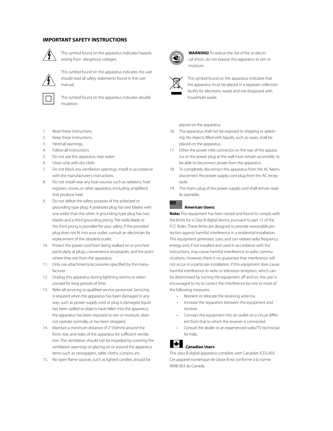 Boston Acoustics HPS10HO owner manual Important Safety Instructions, American Users, Canadian Users 