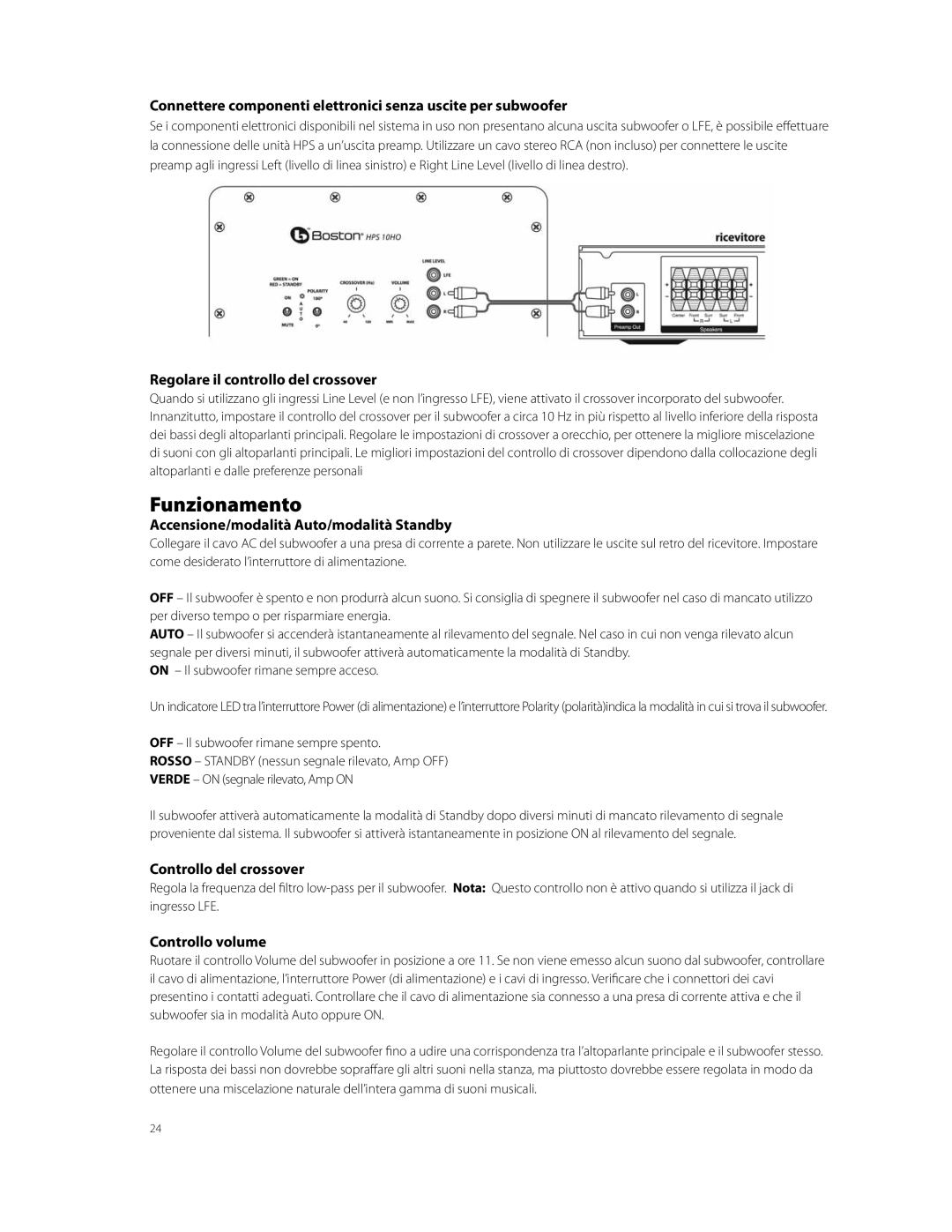 Boston Acoustics HPS10HO Funzionamento, Regolare il controllo del crossover, Accensione/modalità Auto/modalità Standby 