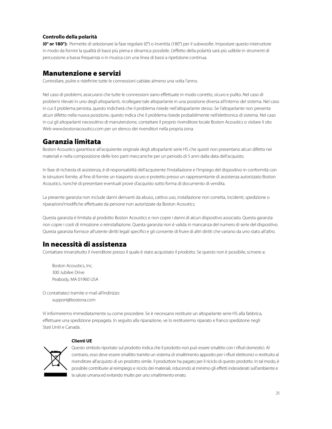 Boston Acoustics HPS10HO Manutenzione e servizi, Garanzia limitata, Necessità di assistenza, Controllo della polarità 