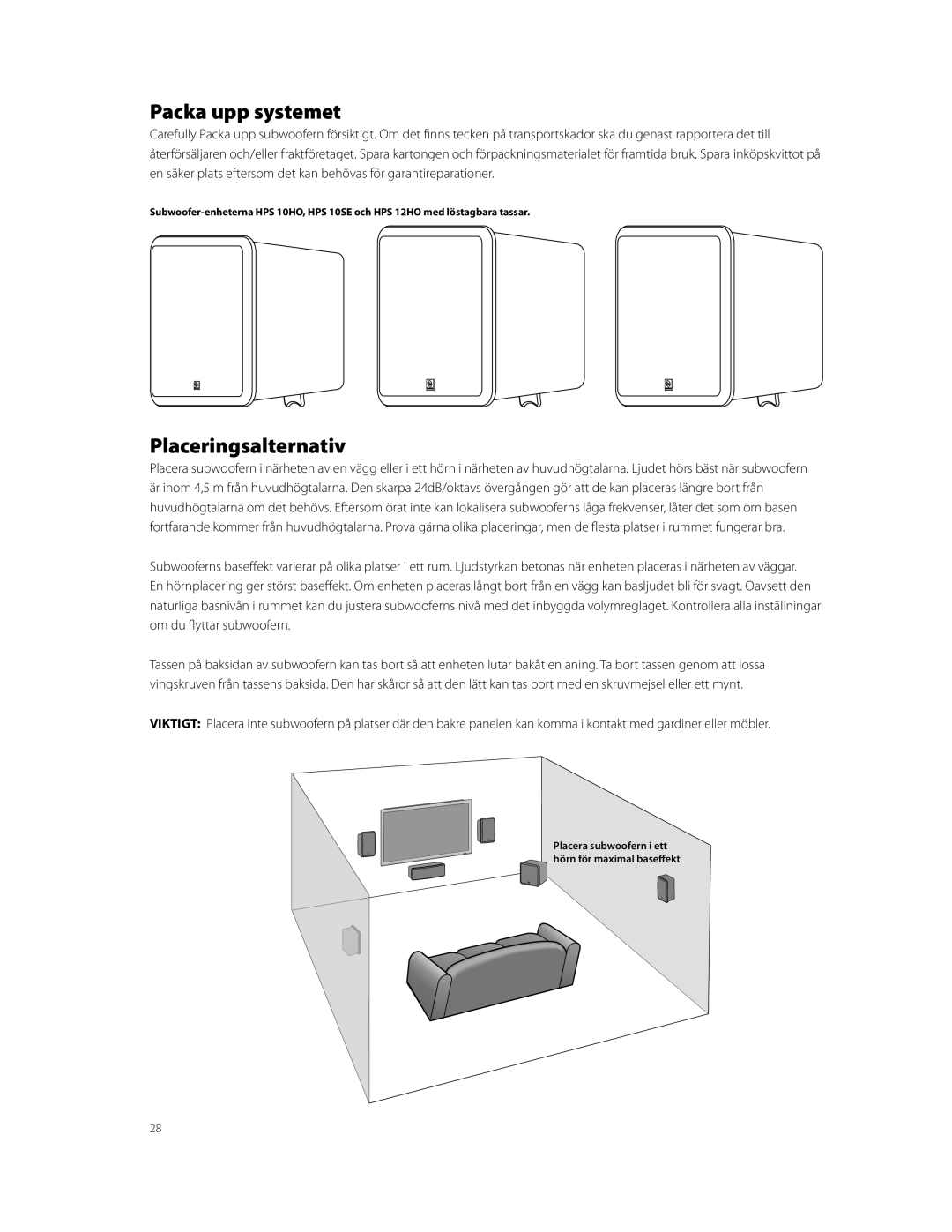 Boston Acoustics HPS10HO owner manual Packa upp systemet, Placeringsalternativ 