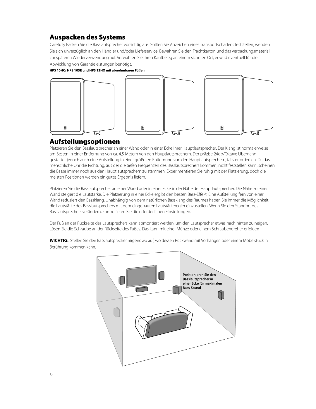 Boston Acoustics HPS10HO owner manual Auspacken des Systems, Aufstellungsoptionen 