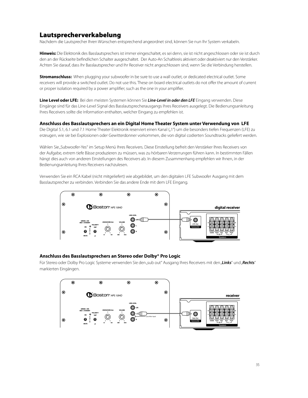 Boston Acoustics HPS10HO owner manual Lautsprecherverkabelung, Digital receiver 