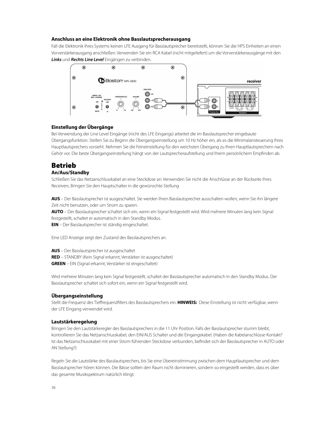 Boston Acoustics HPS10HO owner manual Betrieb 