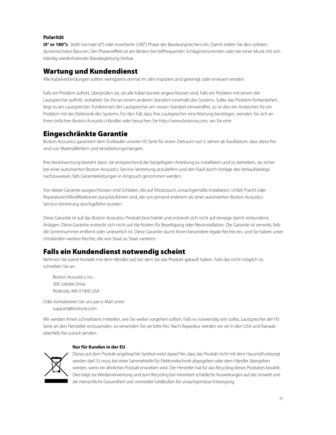 Boston Acoustics HPS10HO Wartung und Kundendienst, Eingeschränkte Garantie, Falls ein Kundendienst notwendig scheint 