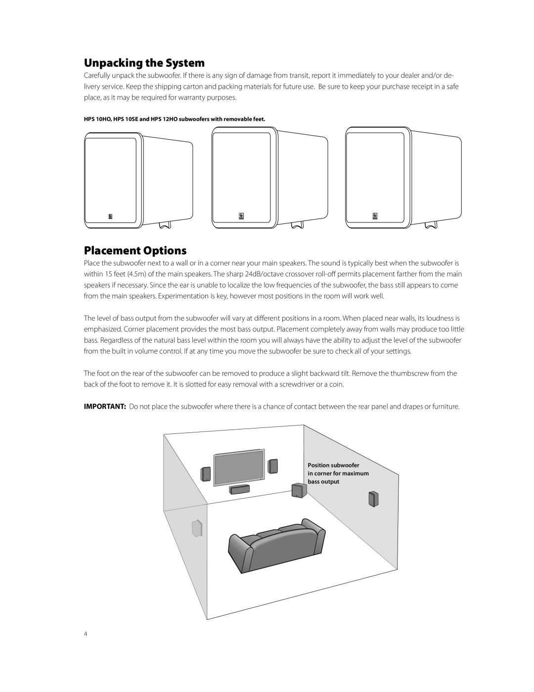 Boston Acoustics HPS10HO owner manual Unpacking the System, Placement Options 