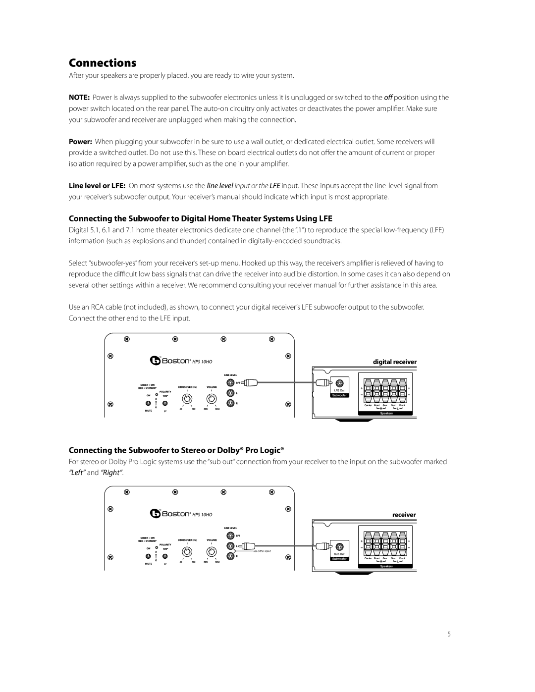 Boston Acoustics HPS10HO Connections, Connecting the Subwoofer to Stereo or Dolby Pro Logic, Digital receiver, Receiver 