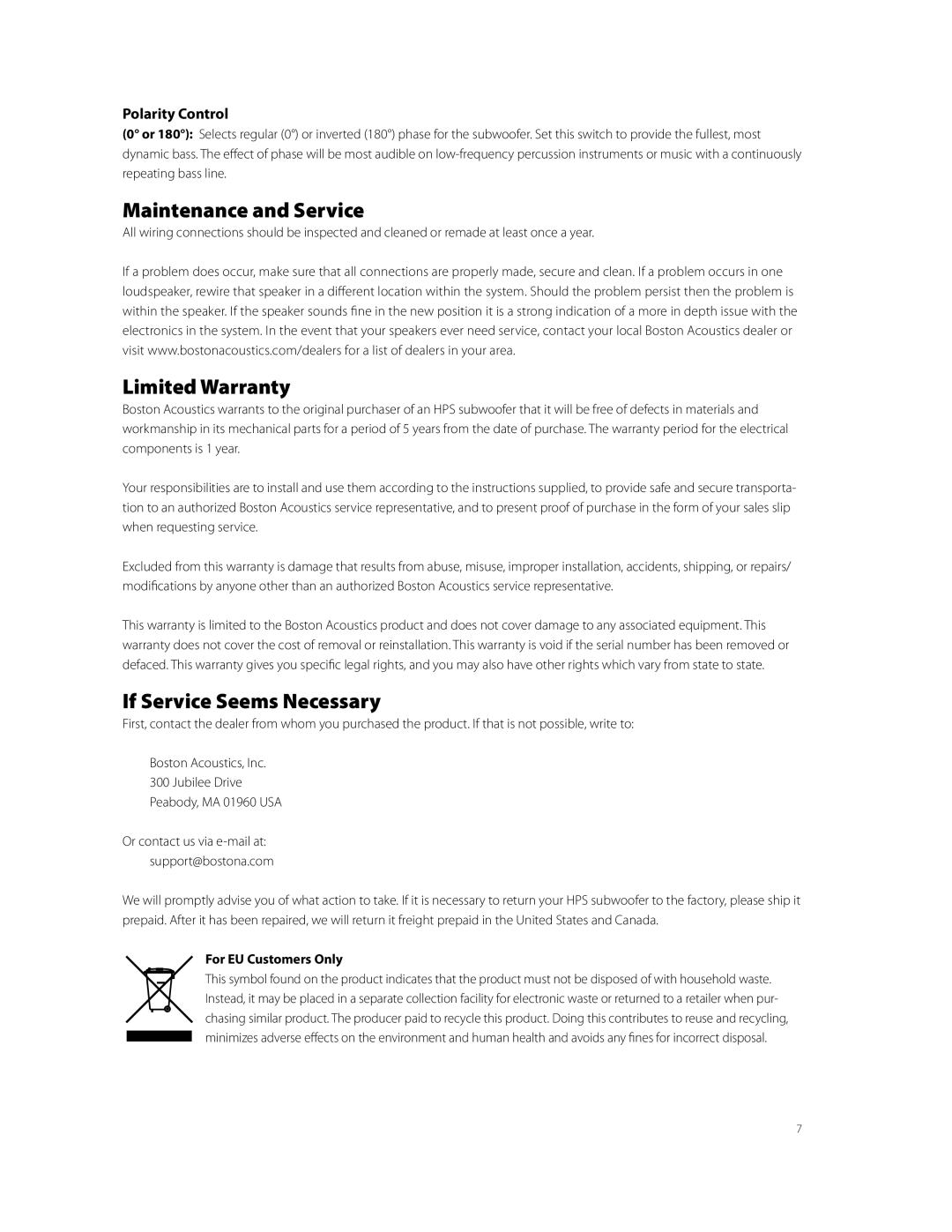 Boston Acoustics HPS10HO Maintenance and Service, Limited Warranty, If Service Seems Necessary, Polarity Control 