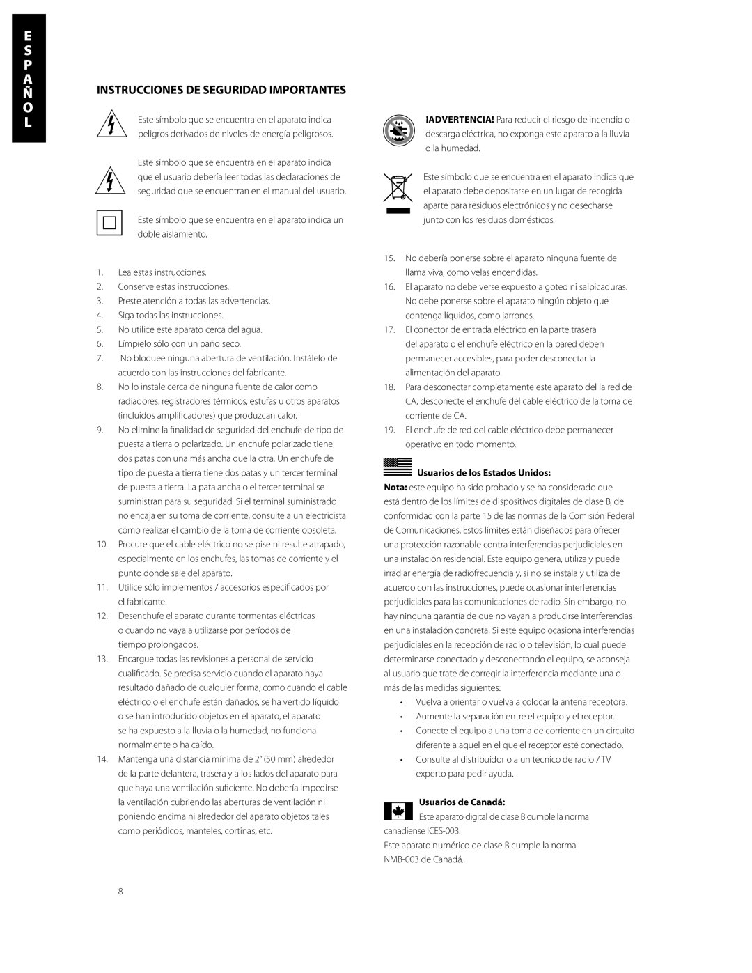 Boston Acoustics HPS10HO Instrucciones DE Seguridad Importantes, Usuarios de los Estados Unidos, Usuarios de Canadá 