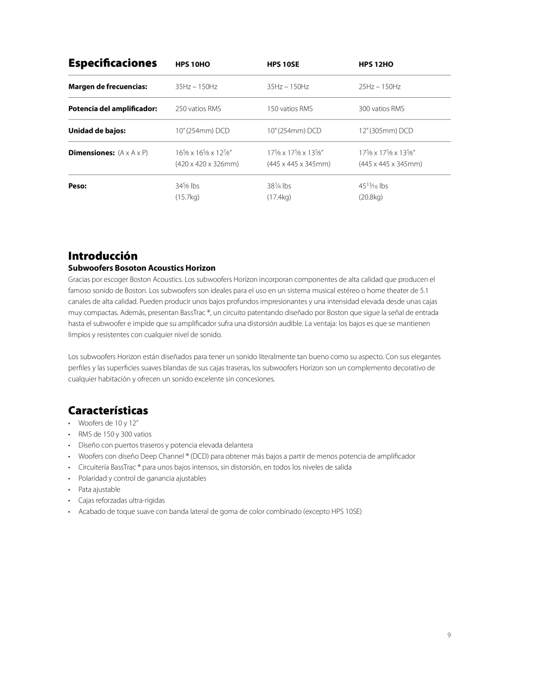 Boston Acoustics HPS10HO owner manual Especificaciones, Introducción, Características, Subwoofers Bosoton Acoustics Horizon 