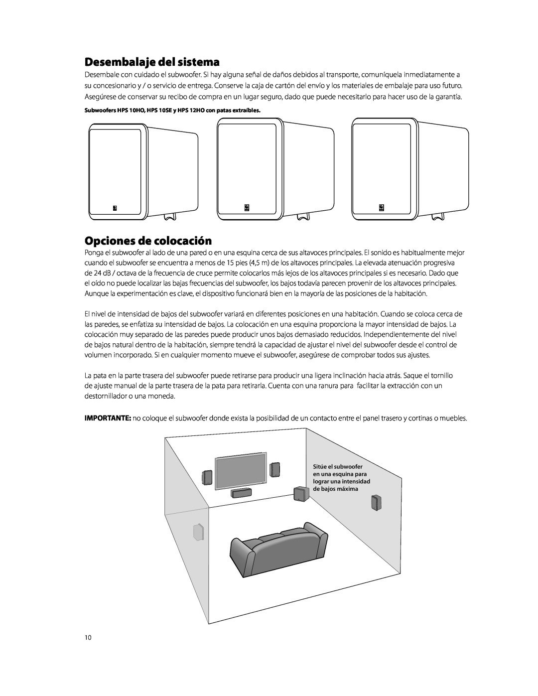 Boston Acoustics HPS10HO owner manual Desembalaje del sistema, Opciones de colocación 