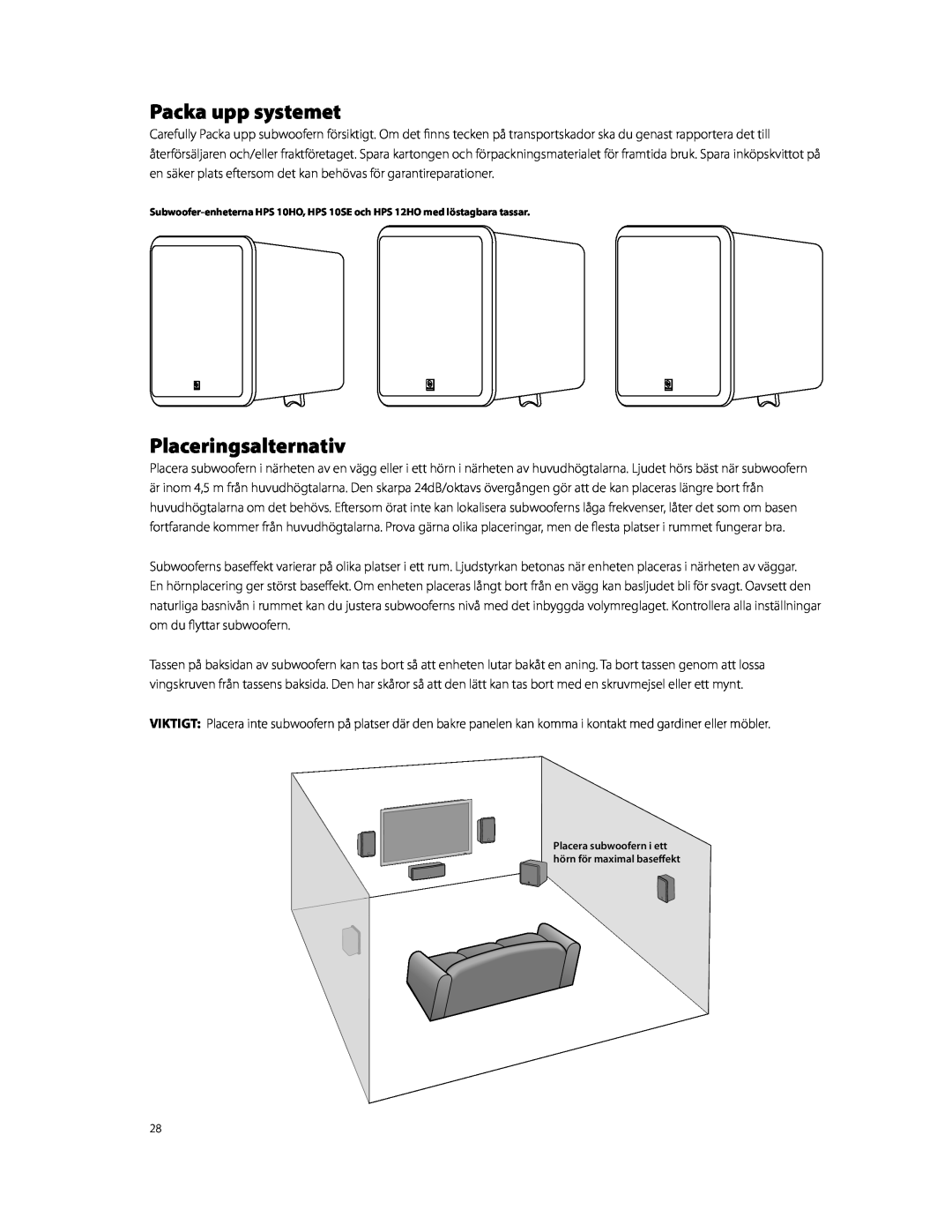Boston Acoustics HPS10HO owner manual Packa upp systemet, Placeringsalternativ 