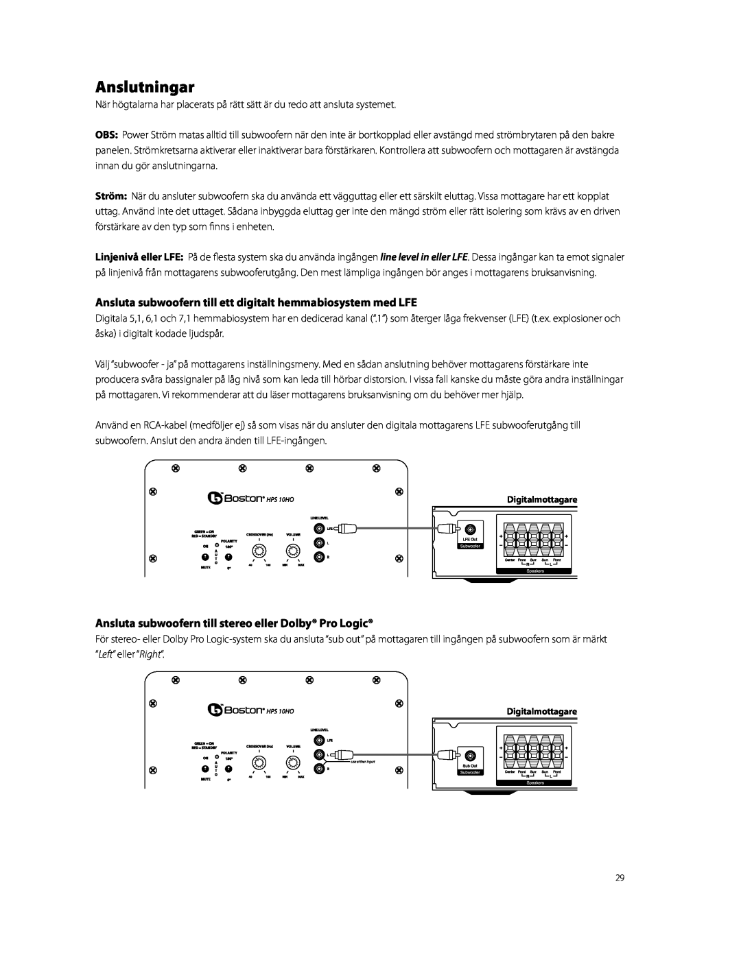 Boston Acoustics HPS10HO owner manual Anslutningar, Digitalmottagare 