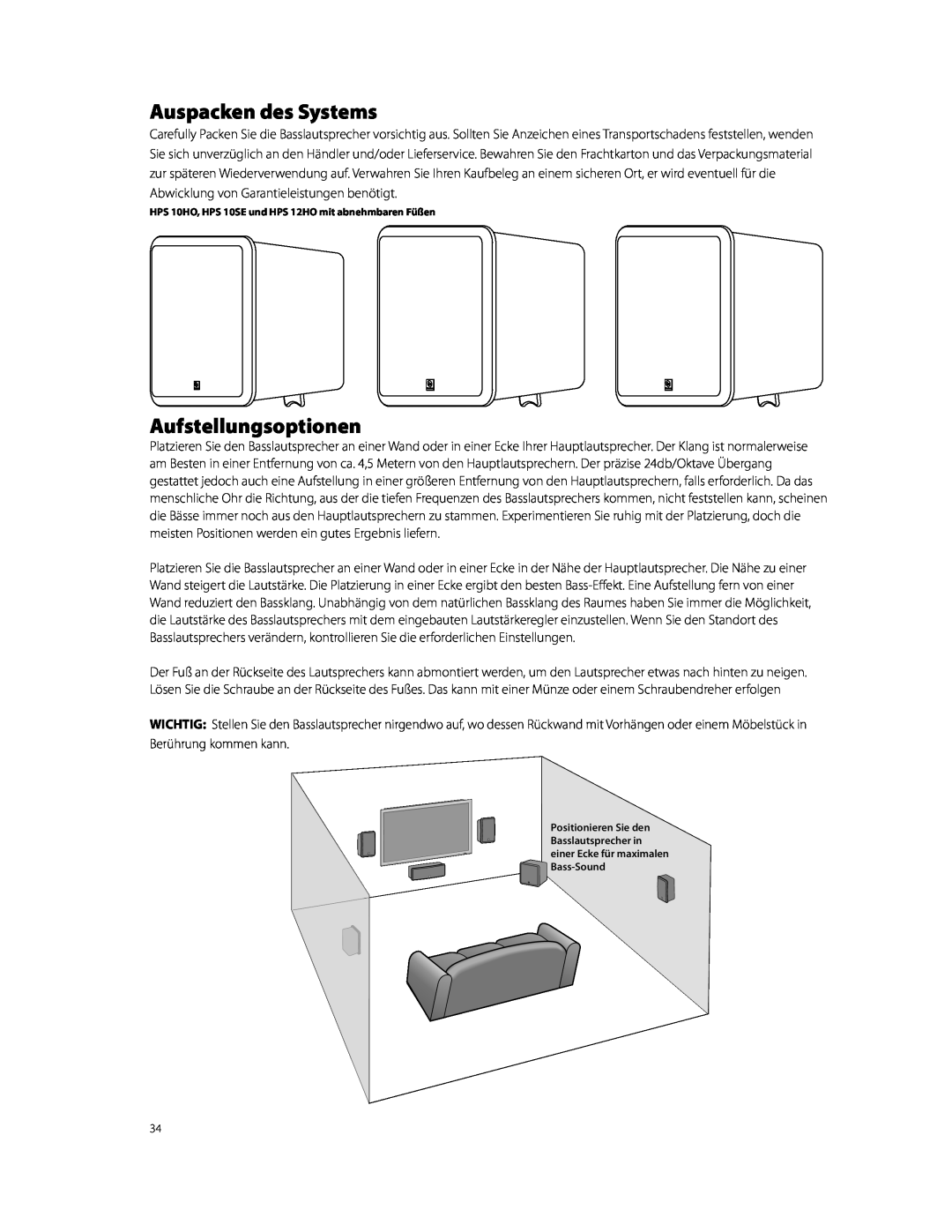 Boston Acoustics HPS10HO owner manual Auspacken des Systems, Aufstellungsoptionen 