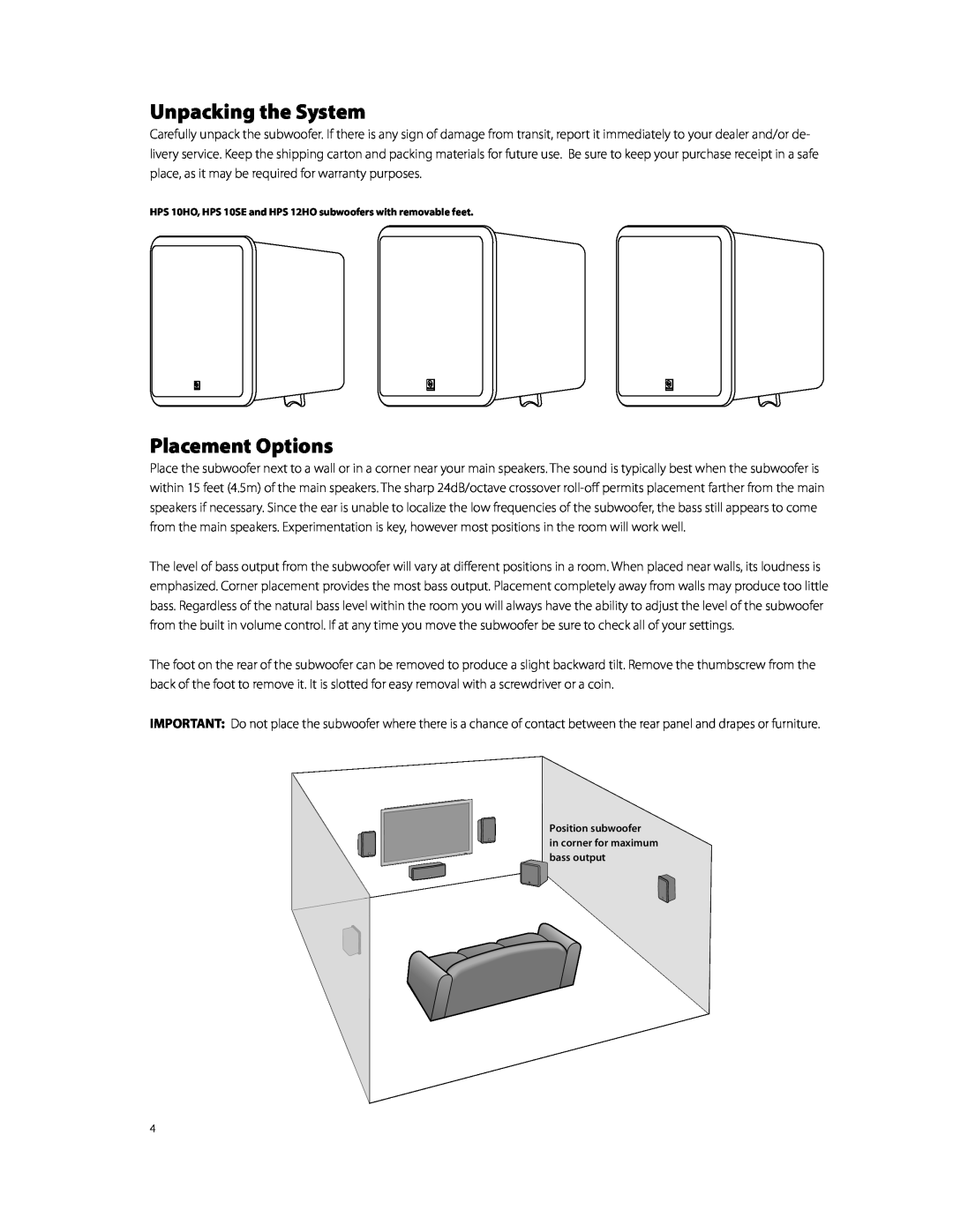Boston Acoustics HPS10HO owner manual Unpacking the System, Placement Options 
