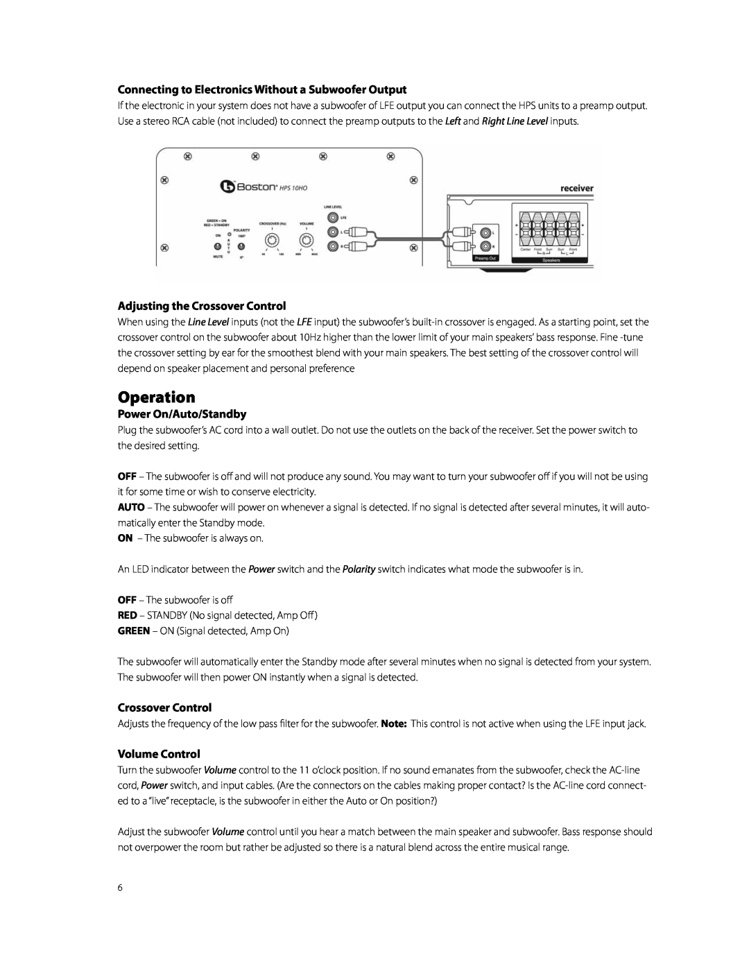 Boston Acoustics HPS10HO owner manual Operation, Adjusting the Crossover Control, Power On/Auto/Standby, Volume Control 