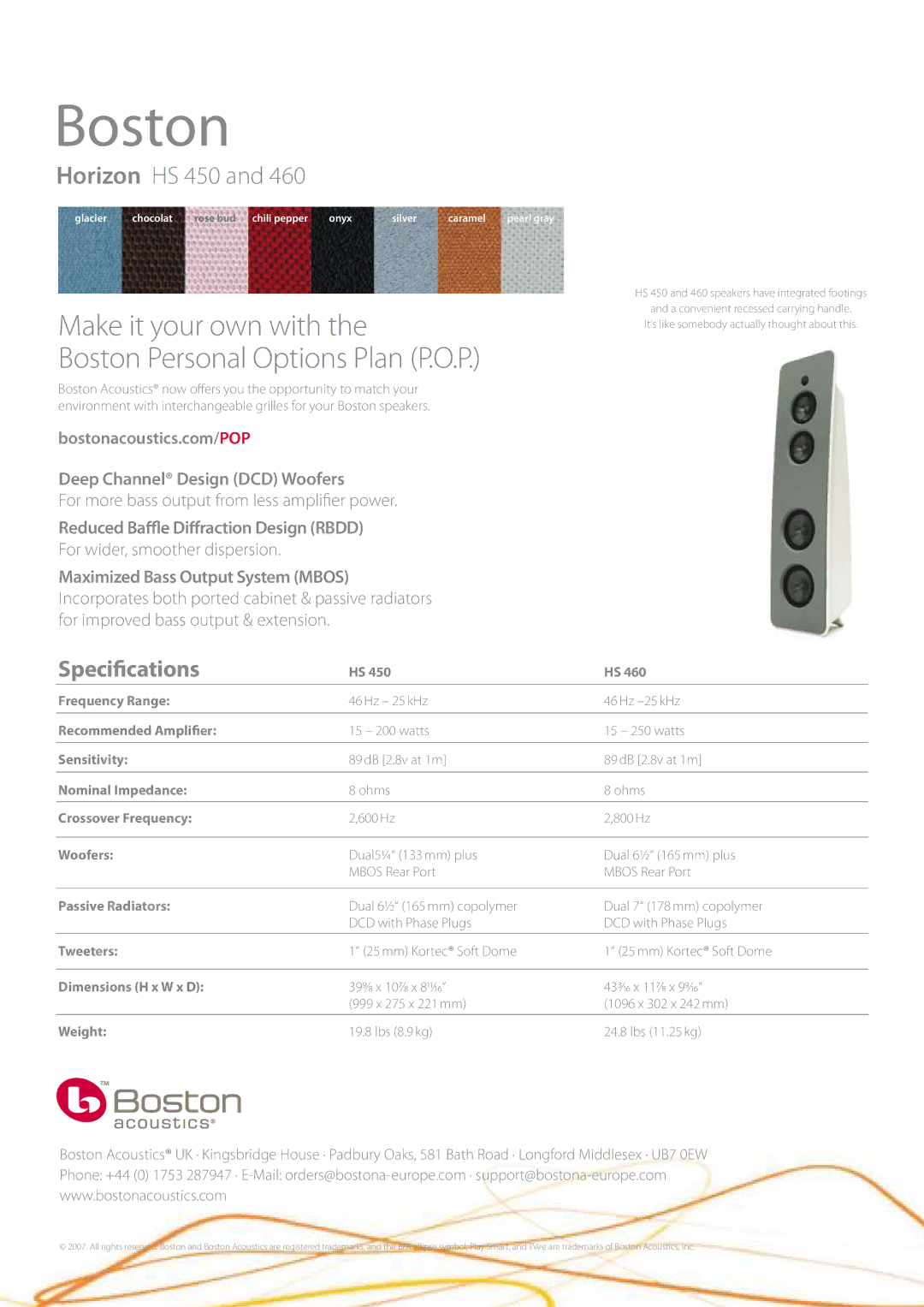 Boston Acoustics HS 460 manual Make it your own with Boston Personal Options Plan P.O.P, Specifications 