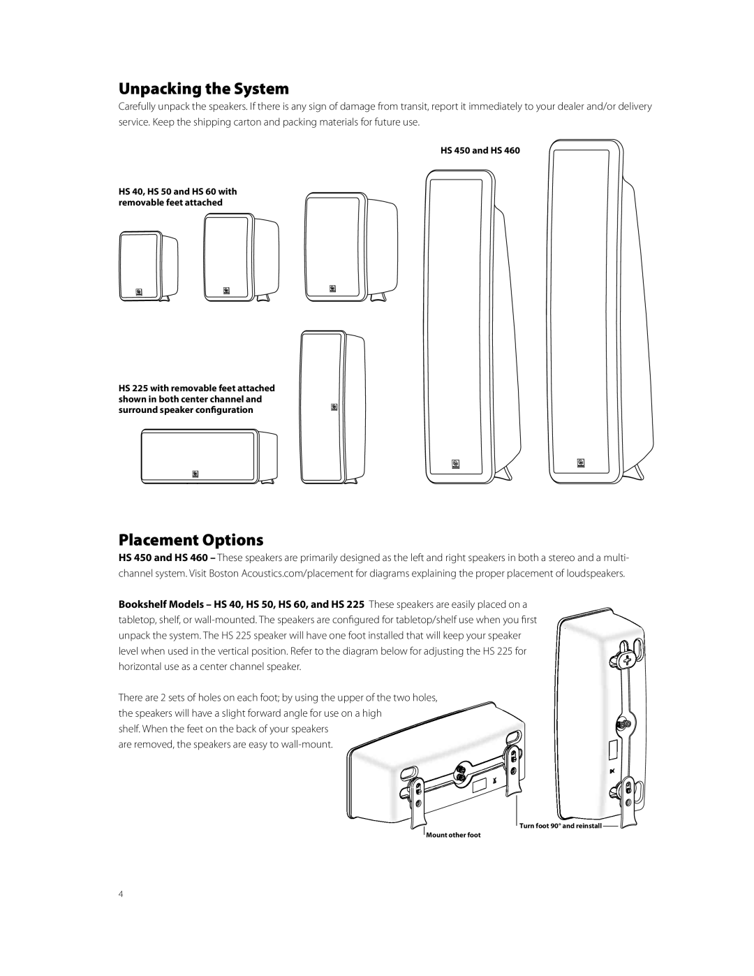 Boston Acoustics HS225 owner manual Unpacking the System, Placement Options, HS 450 and HS 