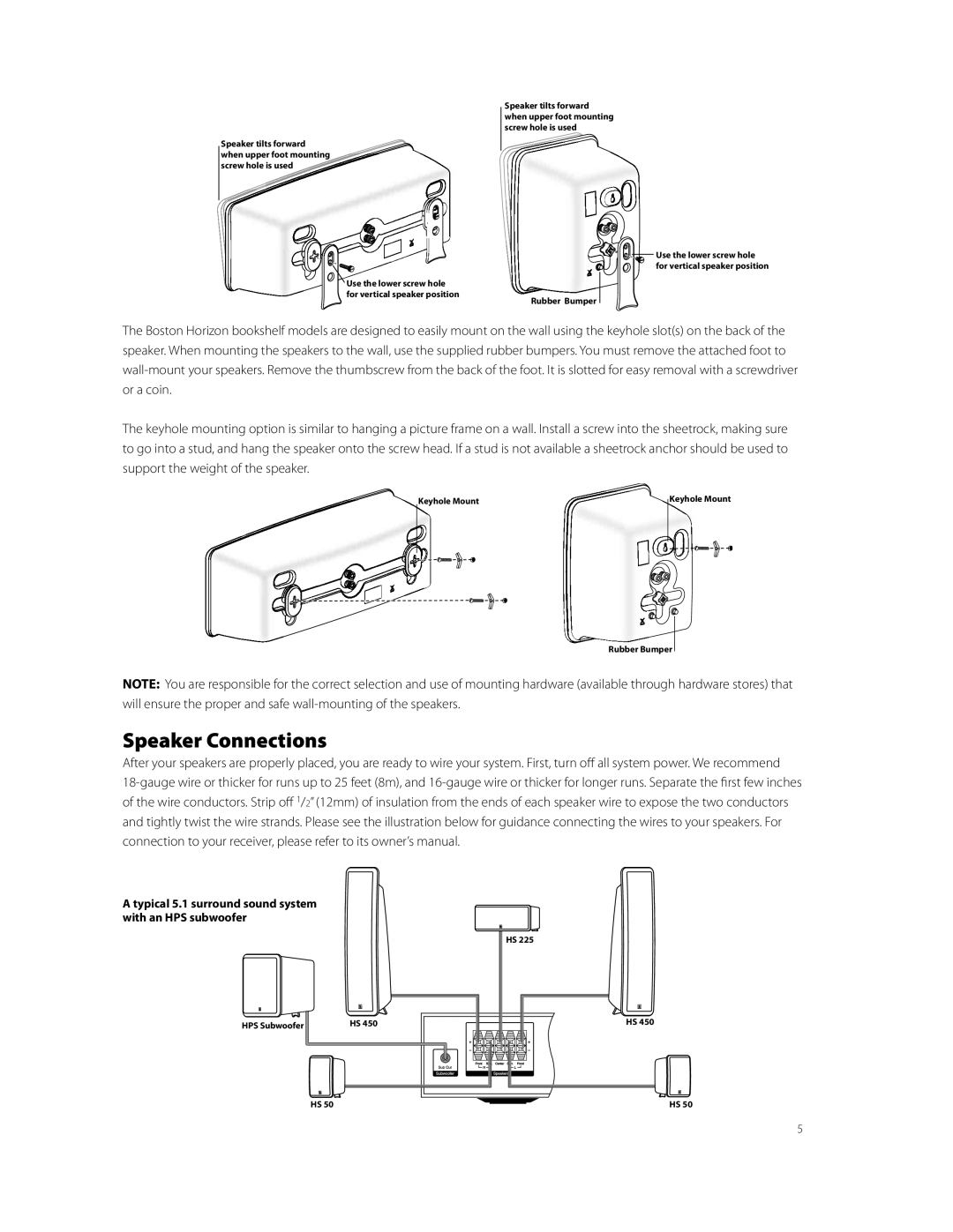 Boston Acoustics HS225 owner manual Speaker Connections, Typical 5.1 surround sound system with an HPS subwoofer 